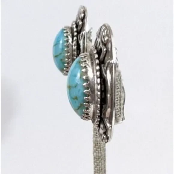Large Oval Turquoise Art Glass Whiting And Davis Clip On Earrings - Vintage - Picture 7 of 10